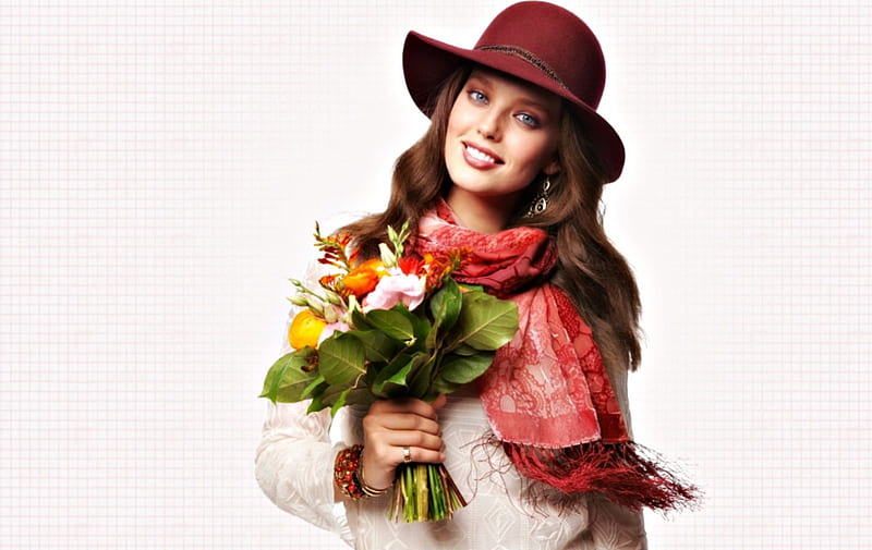 Emily Didonato, red, autumn, model, toamna, woman, hat, girl, green, bouquet, flower, scarf, white, HD wallpaper