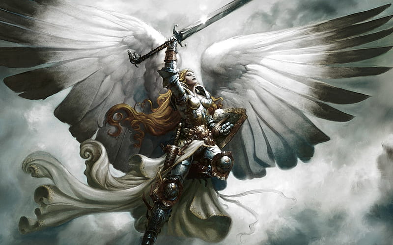 Holy Warrior, female, wings, angel, shield, winged, armor, fantasy, warrior, sword, HD wallpaper