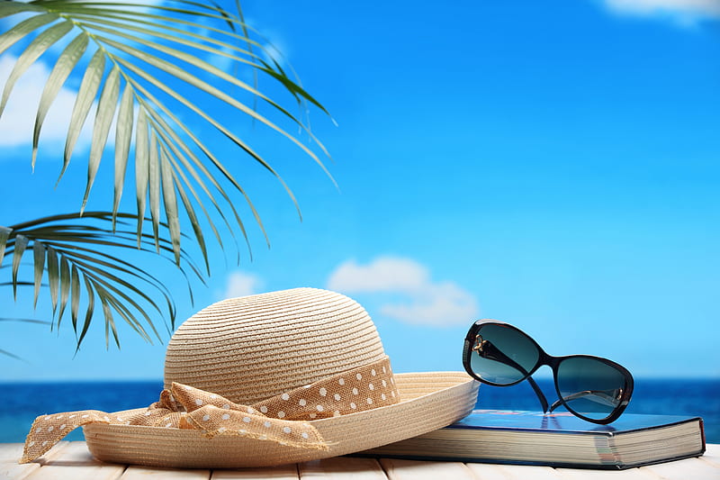 SunShine, vacation, ocean, glasses, book, sea, hat, beach, summer, HD wallpaper