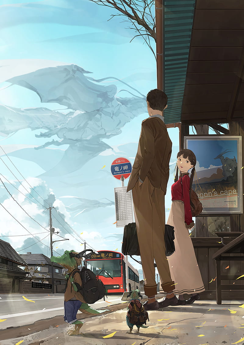 dragon, bus stop, low-angle, anime girls, anime, HD phone wallpaper