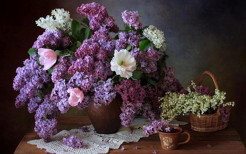 Lilacs Still Life, beauty, still life, tulips, lilacs, HD wallpaper