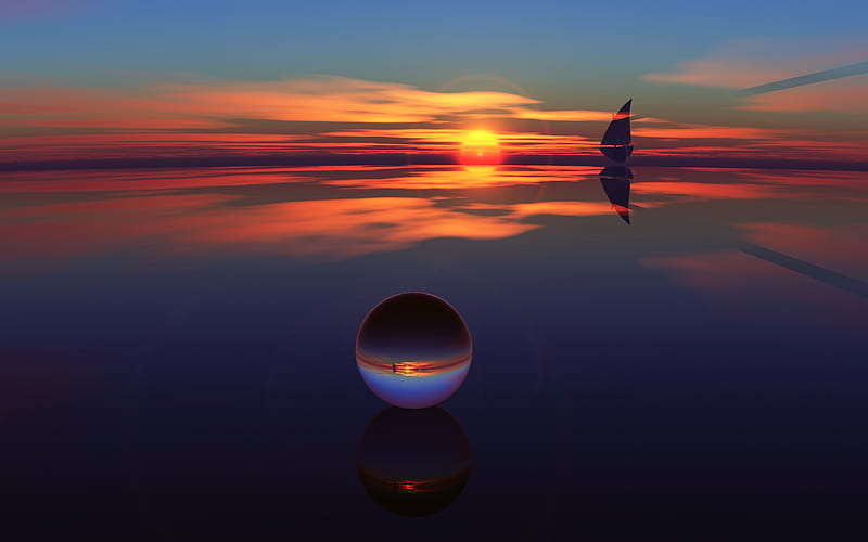 Sailing, colorful, water, boat, refection, nature, sunset, clouds, sky, marble, HD wallpaper