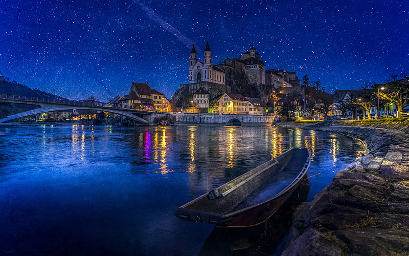 Aarburg Castle nightscapes, swiss cities, Aarburg, Aargau, Switzerland, Europe, starry sky, Aarburg at night, HD wallpaper