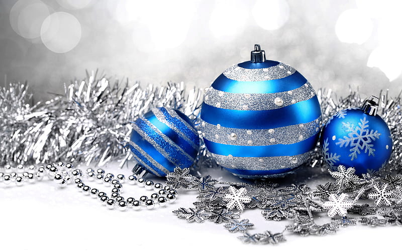 Blue christmas balls, Merry Christmas, Happy New Year, 2020, silver snowflakes, Christmas background, HD wallpaper