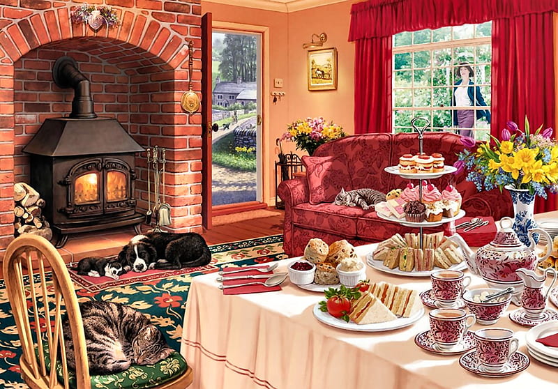 Afternoon Visitor F2Cmp, architecture, art, sweets, cottage, bonito, table setting, cat, artwork, canine, feline, cupcakes, painting, wide screen, scenery, dog, HD wallpaper