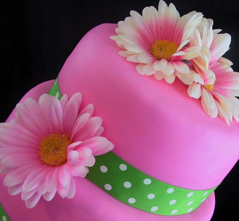 ~Something sweet for the weekend~, pink gerber topper, wonderful, delicious, something sweet, bonito, weekend, floral, green, polka dots, entertainment, flowers, fashion, HD wallpaper