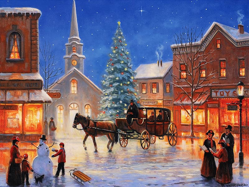 Christmas In Pleasantville by John Zaccheo, snow, church, houses, village, winter, children, horse, snowman, artwork, coach, painting, HD wallpaper