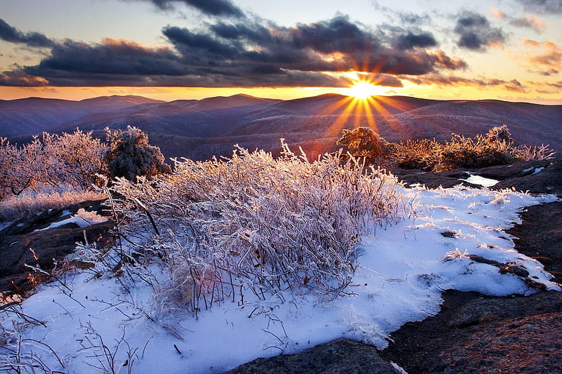 Dawn on the Appalachian Mountains, sky, snow, winter, mountains, HD wallpaper
