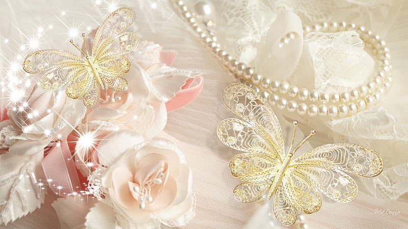 Elegance for Evening, stars, rose, lace, ribbon, wedding, elegant, sparkle, gold, butterfly, pearls, HD wallpaper