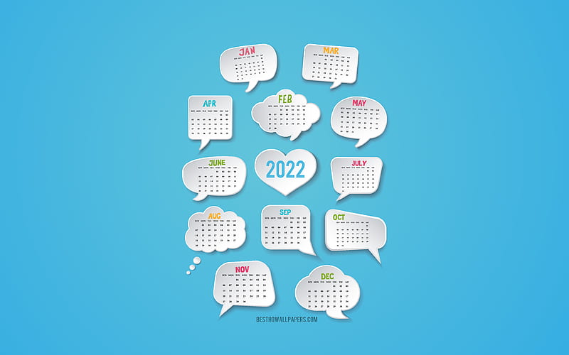 2022 calendar, , blue background, 2022 infographics calendar, 2022 3d calendar, 2022 all months calendar, HD wallpaper