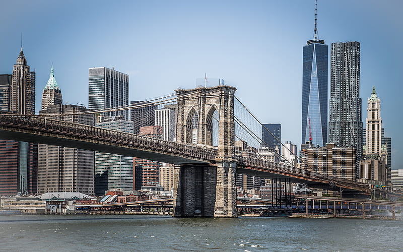 New York, Brooklyn, Manhattan, Brooklyn Bridge, skyscrapers, cityscape, USA, 1 World Trade Center, dom Tower, USA flag, HD wallpaper