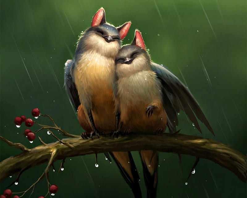Love birds, red, art, valentine, branch, sandara, cute, green, berry, water drops, rain, couple, HD wallpaper