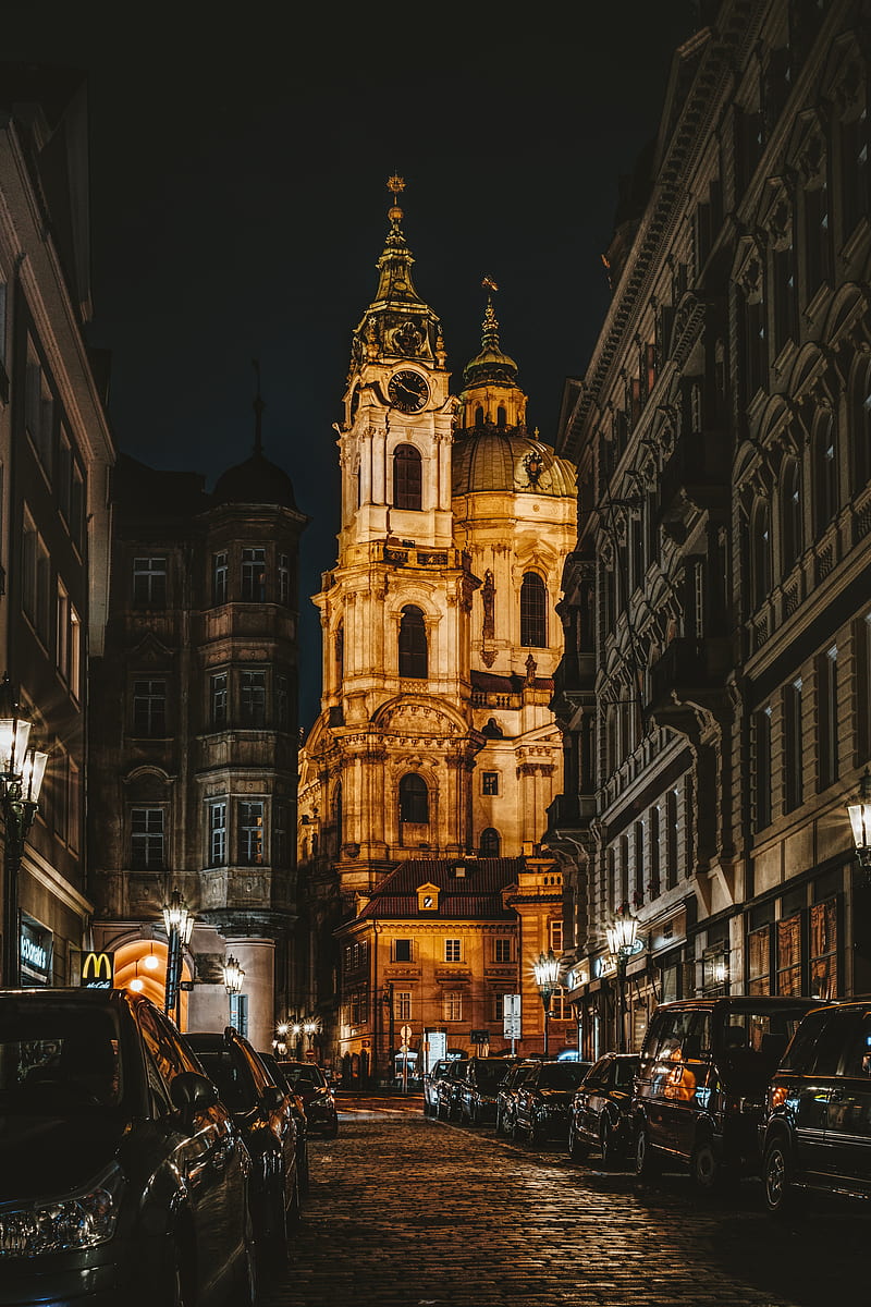 Czech Republic, church, city, cityscape, dark, lighting, night, prague, road, HD phone wallpaper