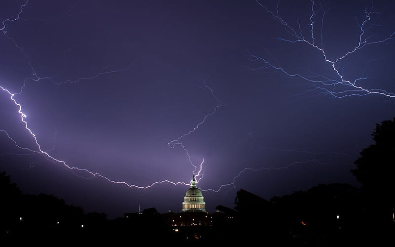 Lightning over the Capitol, nature, lightning, dark clouds, stormy weather, HD wallpaper