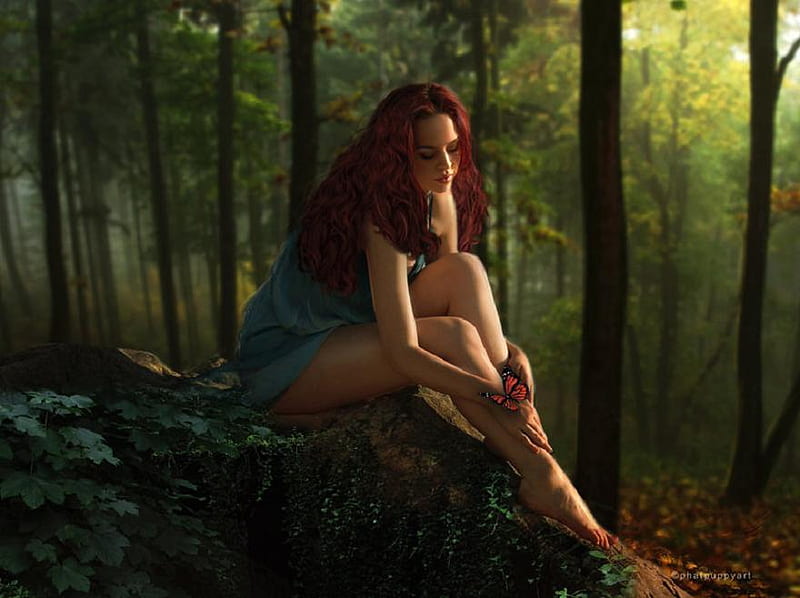 A Dream Is A Wish, forest, rocks, autumn, lovely, model, rock, woods, red head, bonito, trees, woman, butterfly, girl, HD wallpaper