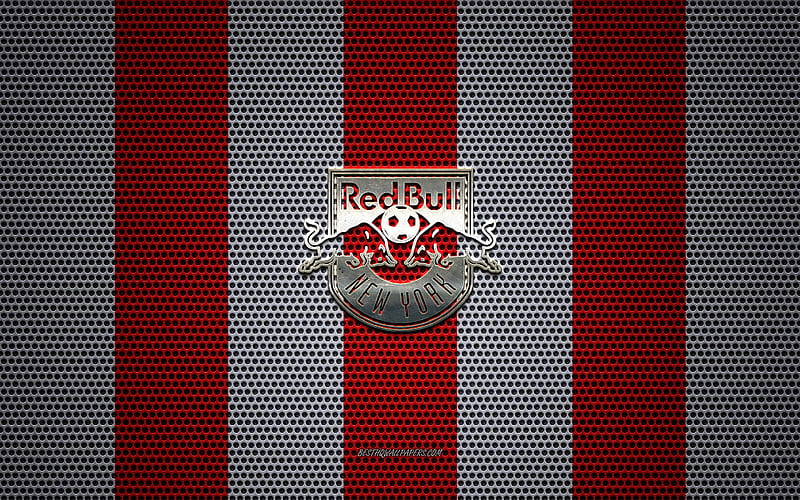 New York Red Bulls logo, American soccer club, metal emblem, red-white metal mesh background, New York Red Bulls, NHL, New Jersey, New York, Florida, USA, soccer, HD wallpaper