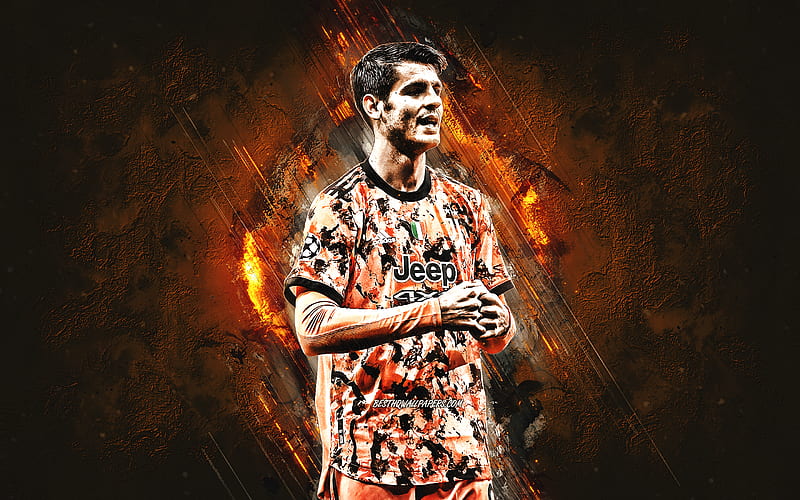 Alvaro Morata, Juventus FC, Spanish footballer, orange stone background, football, HD wallpaper