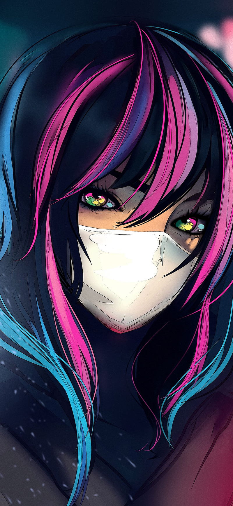Shiny eyes, anime, blue, girl, mask, pink, HD phone wallpaper