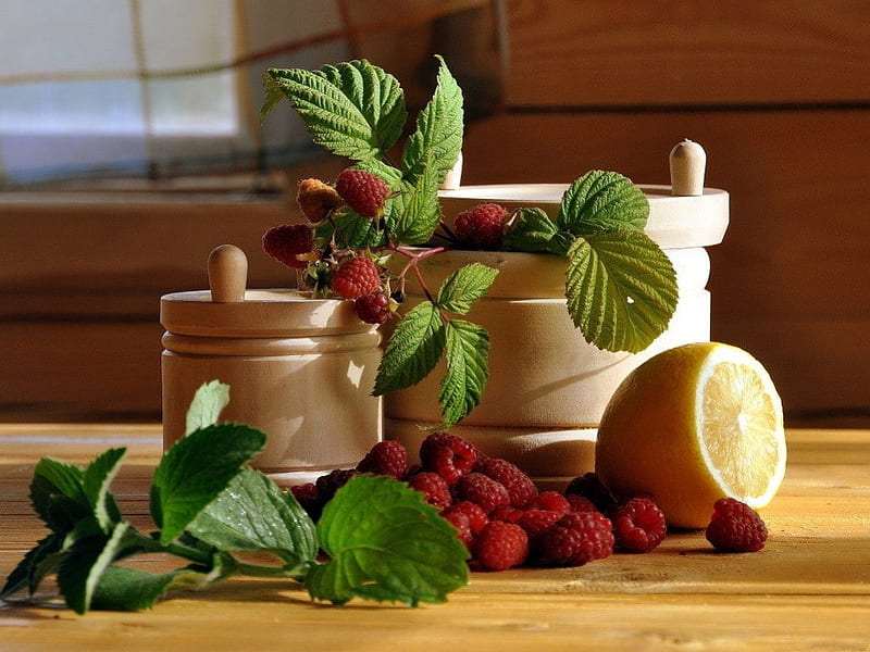 RASPBERRY CHARM, raspberries, utensils, fruit, windows, leaves, citrus, herbs, lemons, kitchens, HD wallpaper