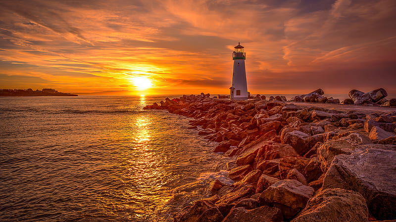 Lighthouse, ocean, sea, sunrise, sunset, HD wallpaper