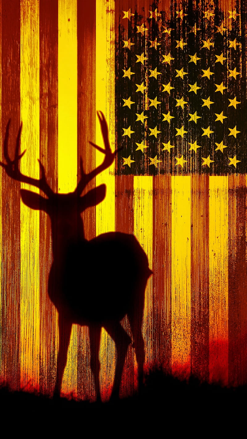 Sun Rise Buck, America, ElectricJAC, deer, early, flag, outdoors, power, pride, silhouette, sun rise, usa. Hunting, yellow, HD phone wallpaper