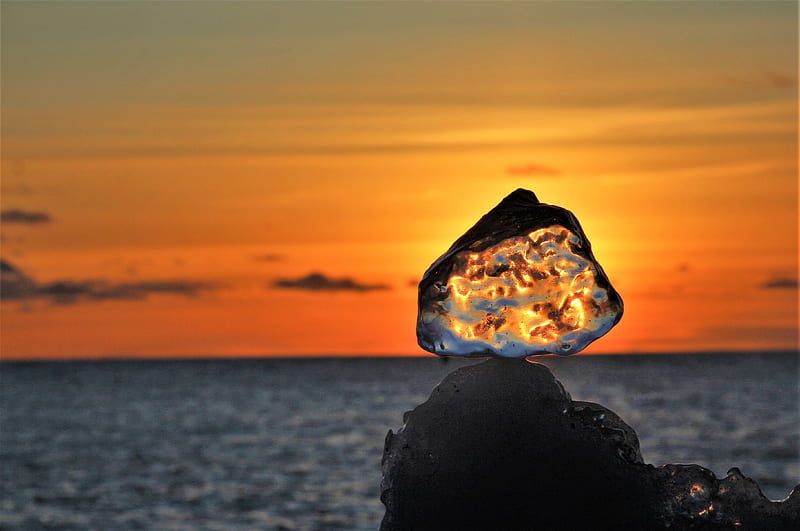 ice floe, ice, sea, sunset, horizon, HD wallpaper