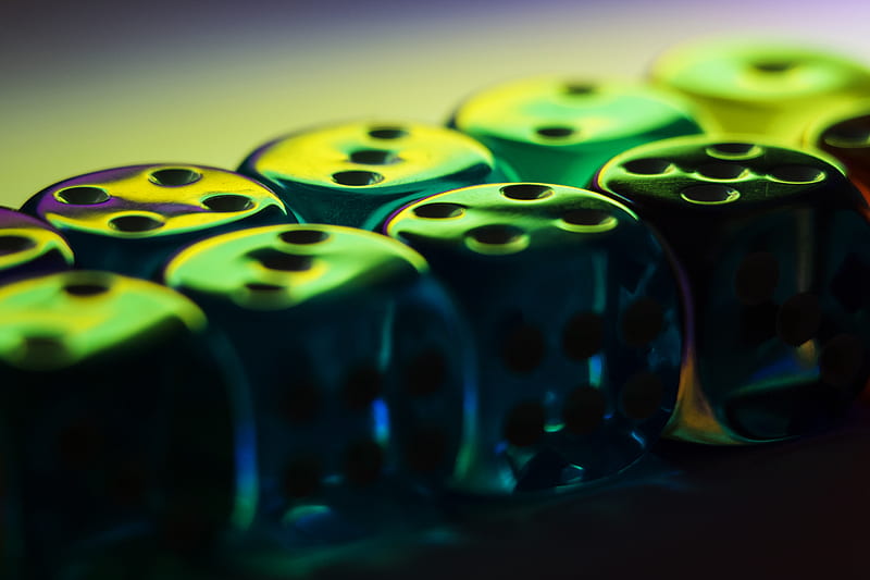 dice, cubes, surface, glare, green, dark, HD wallpaper