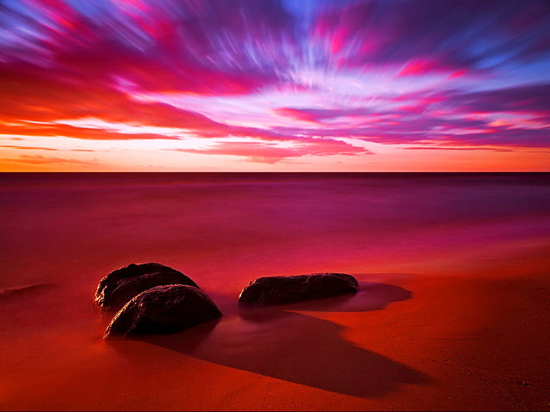 Purple-red sky, red, colorful, colors, shadow, sky, beach, purple, nature, sands, HD wallpaper