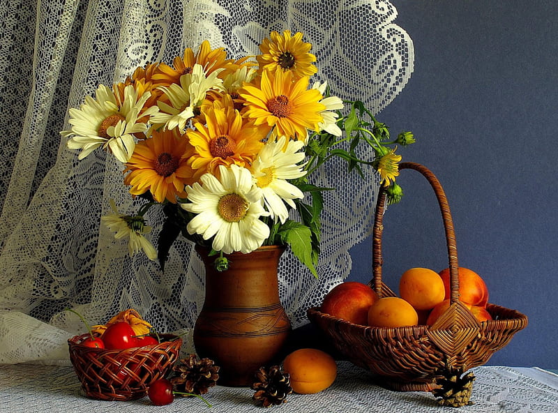 *** Still Life ***, martwa, owoce, kwiaty, nature, HD wallpaper