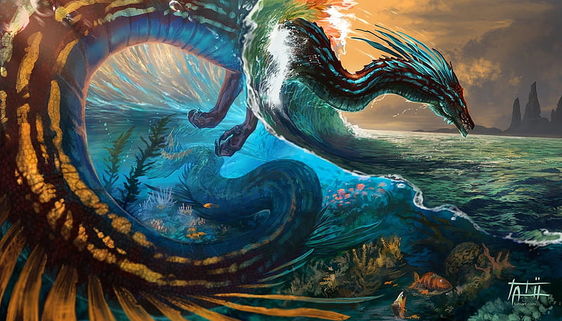 What lies beneath, sea, fantasy, water, luminos, tatiilange, dragon, wave, HD wallpaper