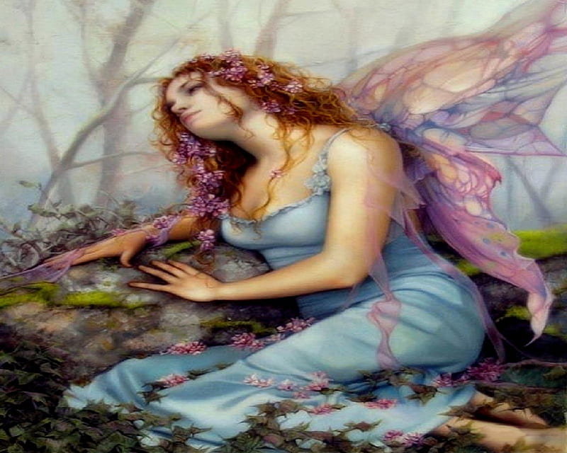 Red Head Wood Fairy, Trees, Colorful Wings, Ivy, Female, Fantasy, HD wallpaper
