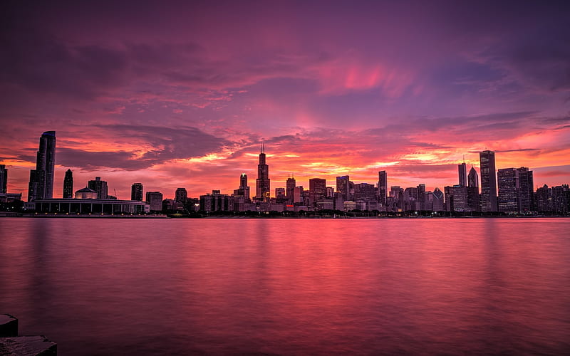 Chicago cityscapes, panorama, sunset, USA, America, HD wallpaper