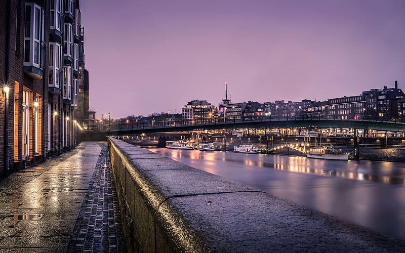 Bremen river, embankment, evening city, Germany, Europe, HD wallpaper