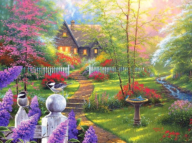 Secret Garden Cottage, flowers, garden, home, nature, architecture, fence, houses, love four seasons, attractions in dreams, spring, paintings, summer, HD wallpaper