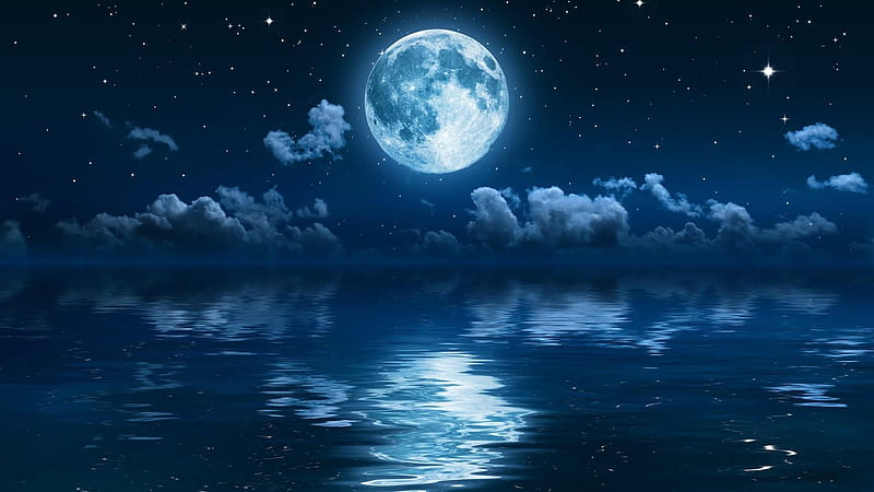 Moonlight, sky, reflection, white, sea, night, blue, moon, vara, moon, water, summer, HD wallpaper