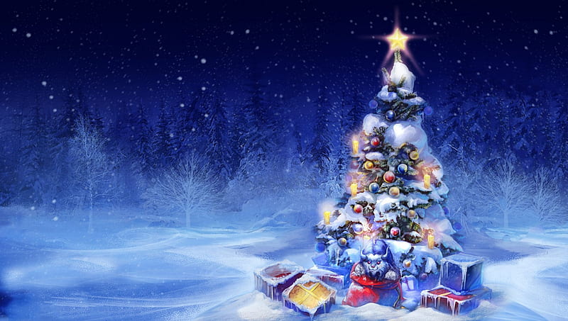 Christmas in Forest, tree, balls, snow, parcels, lights, gifts, winter, HD wallpaper