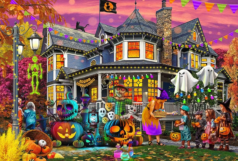 All Hallow's Eve, sunset, house, artwork, pumpkins, painting, ghost, spooky, HD wallpaper