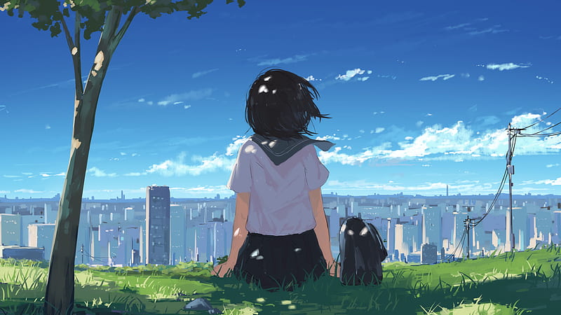 Girl, grass, city, anime, art, cartoon, HD wallpaper | Peakpx