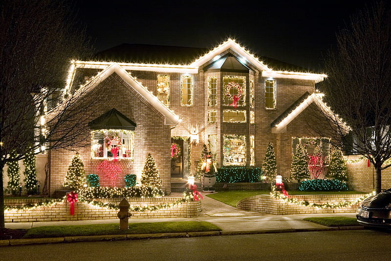 Lighted House, house, home, christmas time, street, lights, HD ...