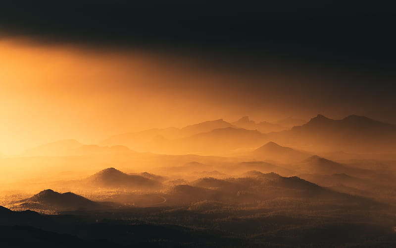 mountains, fog, dusk, sunset, landscape, HD wallpaper
