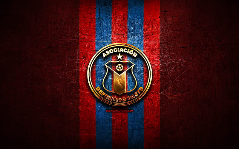 Deportivo Pasto FC, golden logo, Categoria Primera A, red metal background, football, colombian football club, Deportivo Pasto logo, soccer, Deportivo Pasto, HD wallpaper