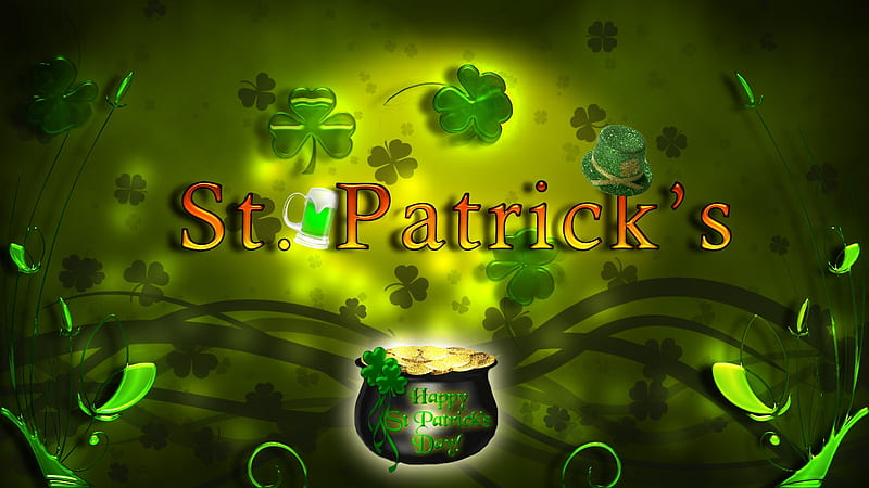 St. Patrick's Day, Saint Patricks Day, pot, mug, hat, March, top hat, clovers, glass, St Patricks Day, gold, shamrocks, beer, Patricks Day, gold coins, HD wallpaper