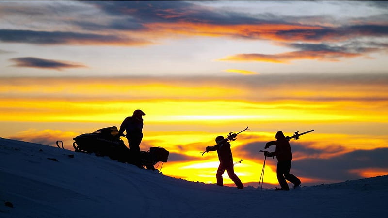 Skiers At Sunset, HD wallpaper
