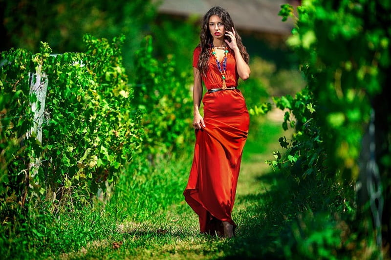Beauty, walk in garden, red dress, woman, HD wallpaper