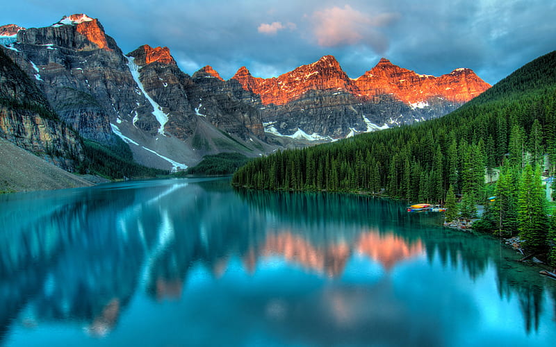 Moraine Lake, sunset, Banff, forest, mountains, North America, dusk, Banff National Park, Canada, Alberta, HD wallpaper
