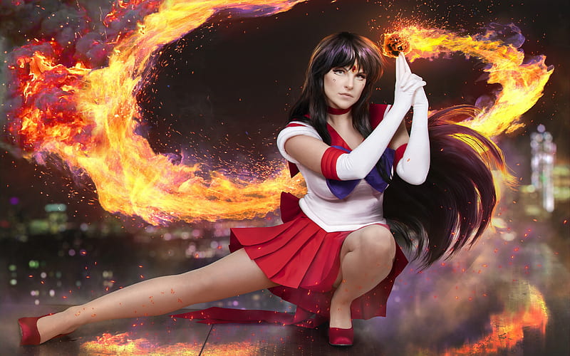 Sailor Mars ~ cosplay, fire, red, cosplay, model, girl, sailor mars, rei hino, woman, HD wallpaper