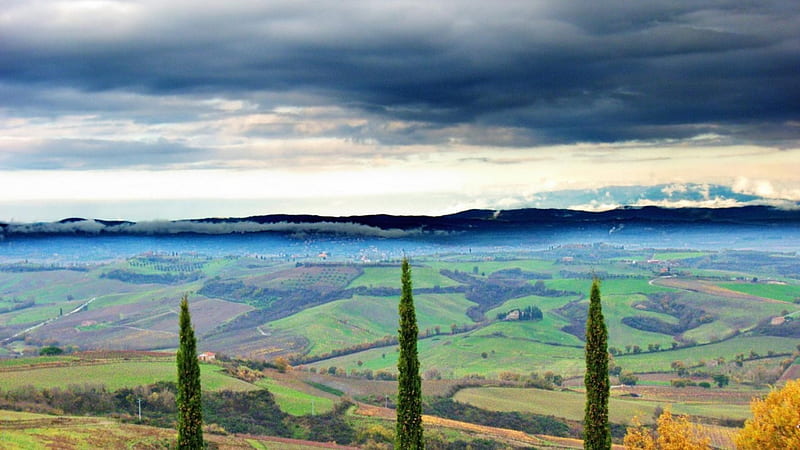 montepulciano tuscany italy, cultivated, fields, clouds, valley, HD wallpaper