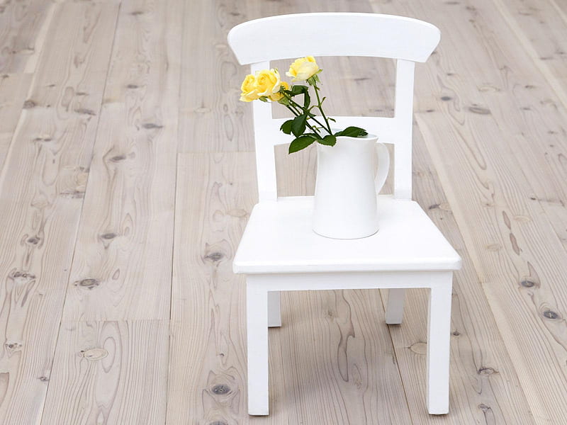 Full white with a bit of yellow (For tedisoo), artistic, rose, yellow, vase, still life, graphy, wooden floor, flowers, chair, wood, art, floor, roses, flower, colours, colour, white, HD wallpaper