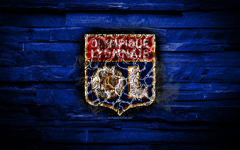 Olympique Lyonnais FC, fiery logo, Ligue 1, blue wooden background, french football club, grunge, Lyon FC, football, soccer, Olympique Lyonnais logo, fire texture, France, HD wallpaper