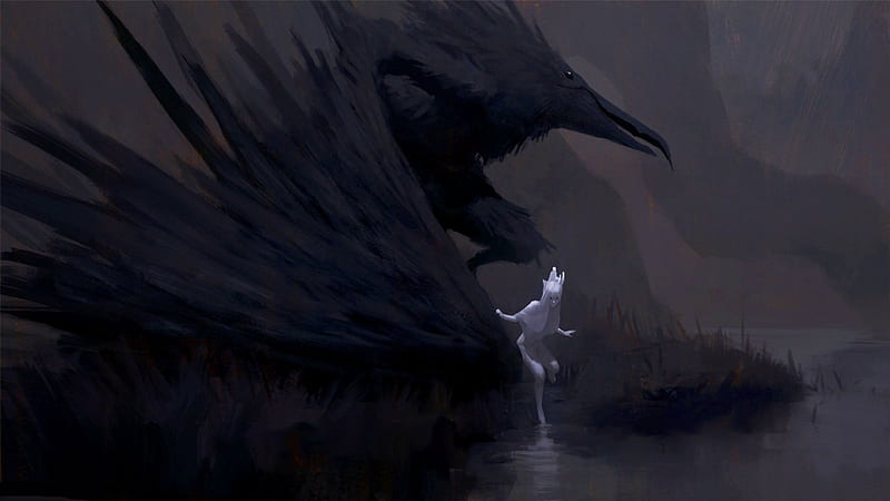 Moon and Crow, fantasy, crow, fairy, dark, HD wallpaper